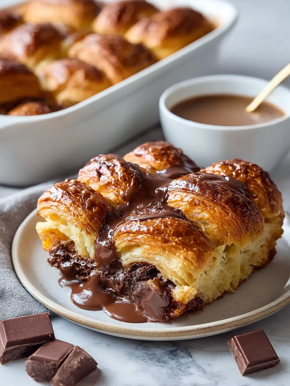 Chocolate-topped croissants on a white plate.