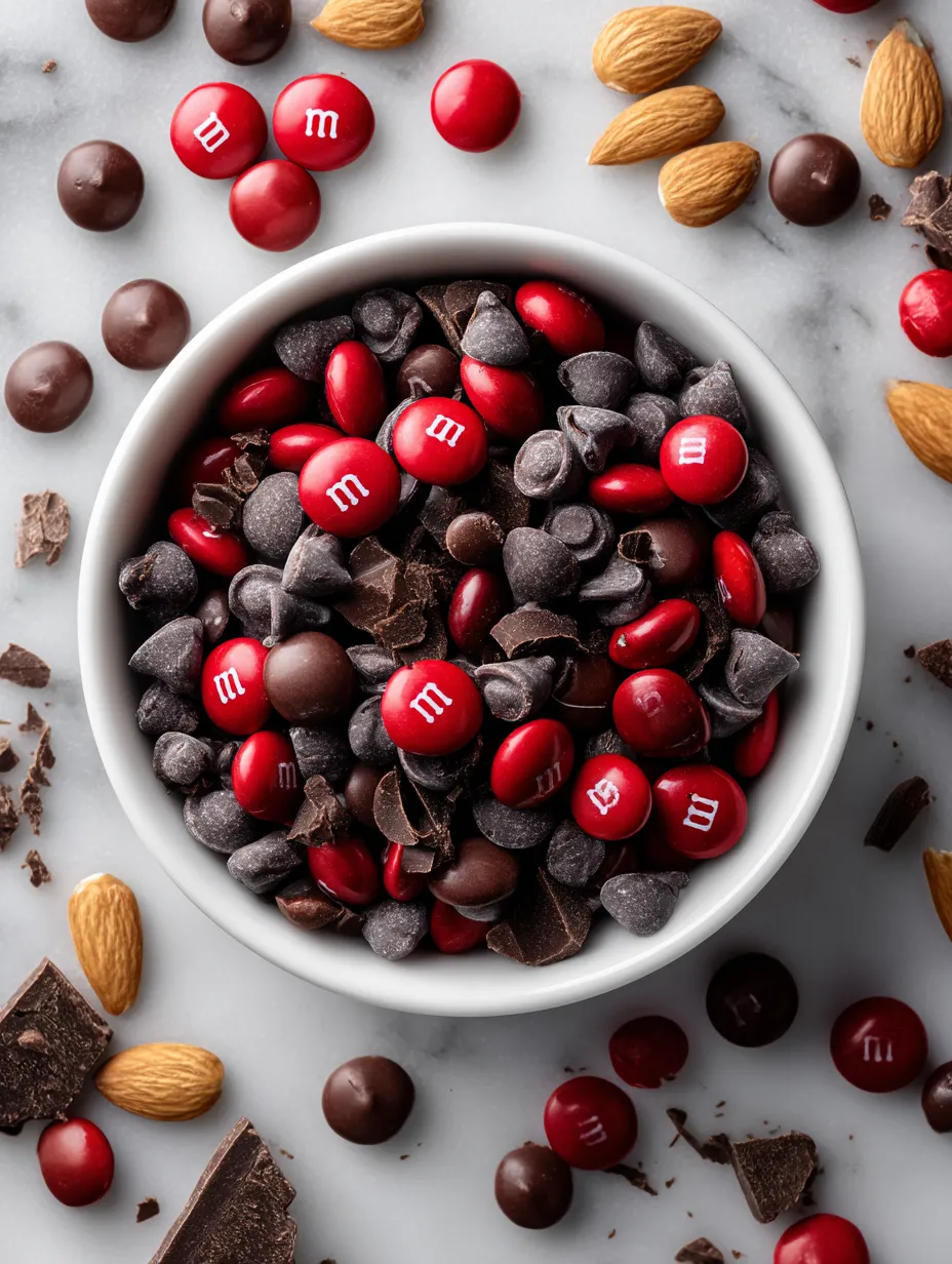 A bowl filled with Vampire Bite Trail Mix, showing lots of red and chocolate pieces.