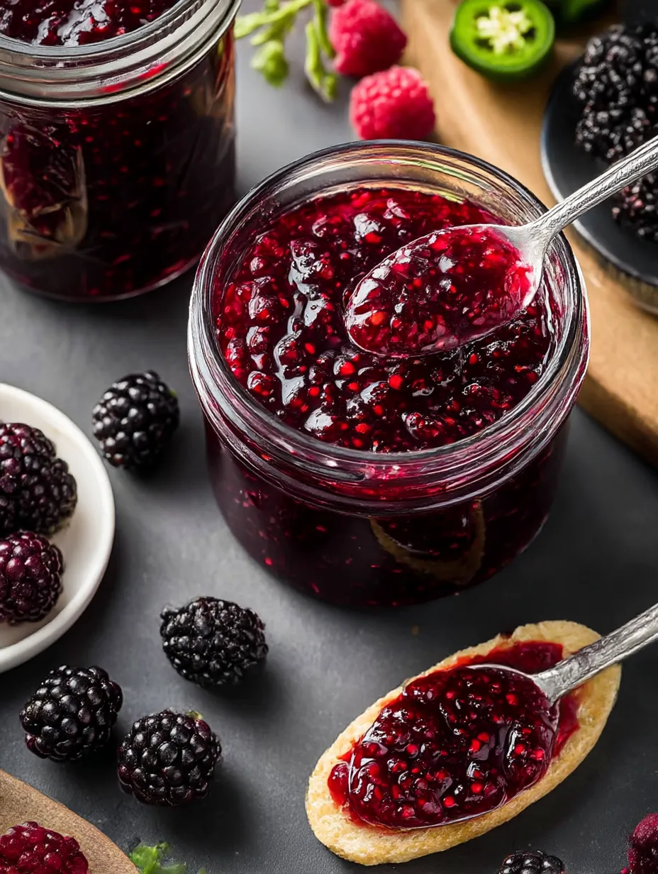 Blackberry Jalapeno Jam in a glass jar.