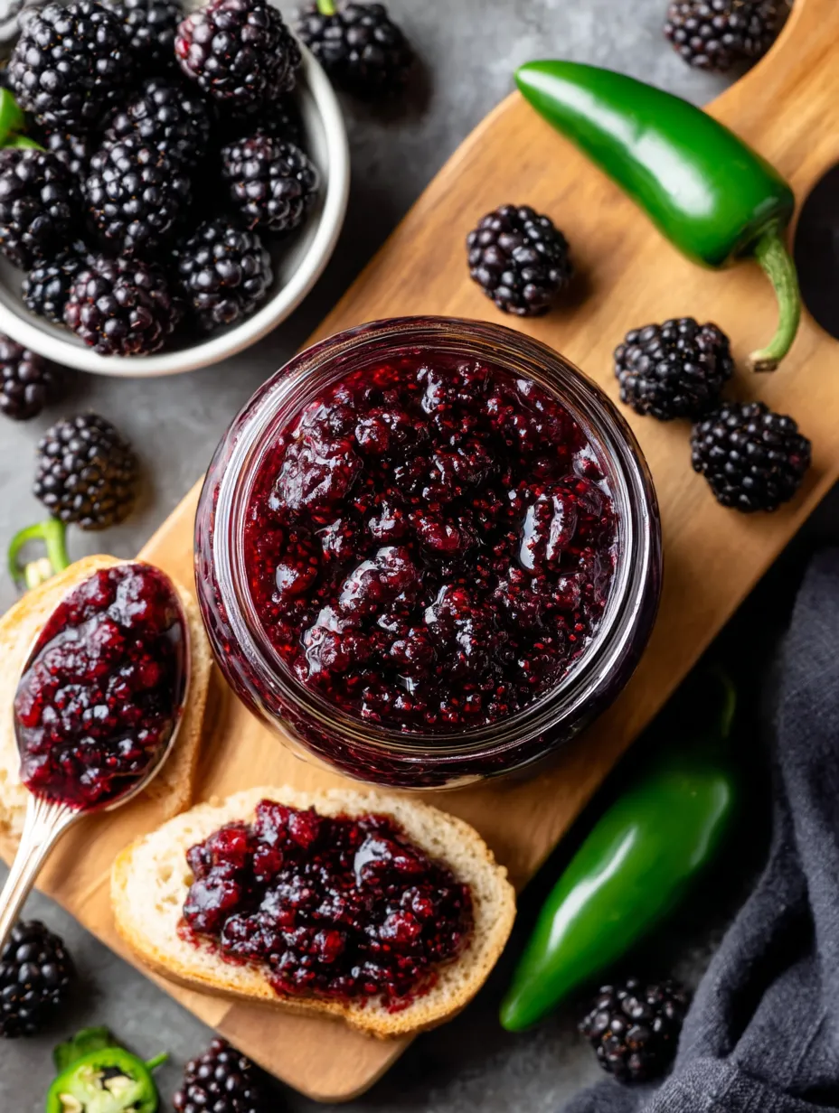 Jar of easy blackberry jalapeno jam on a table.
