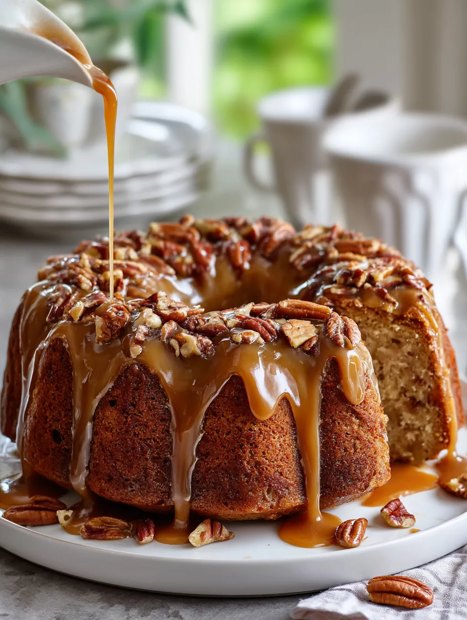 Apple Pecan Cake With Caramel Glaze.