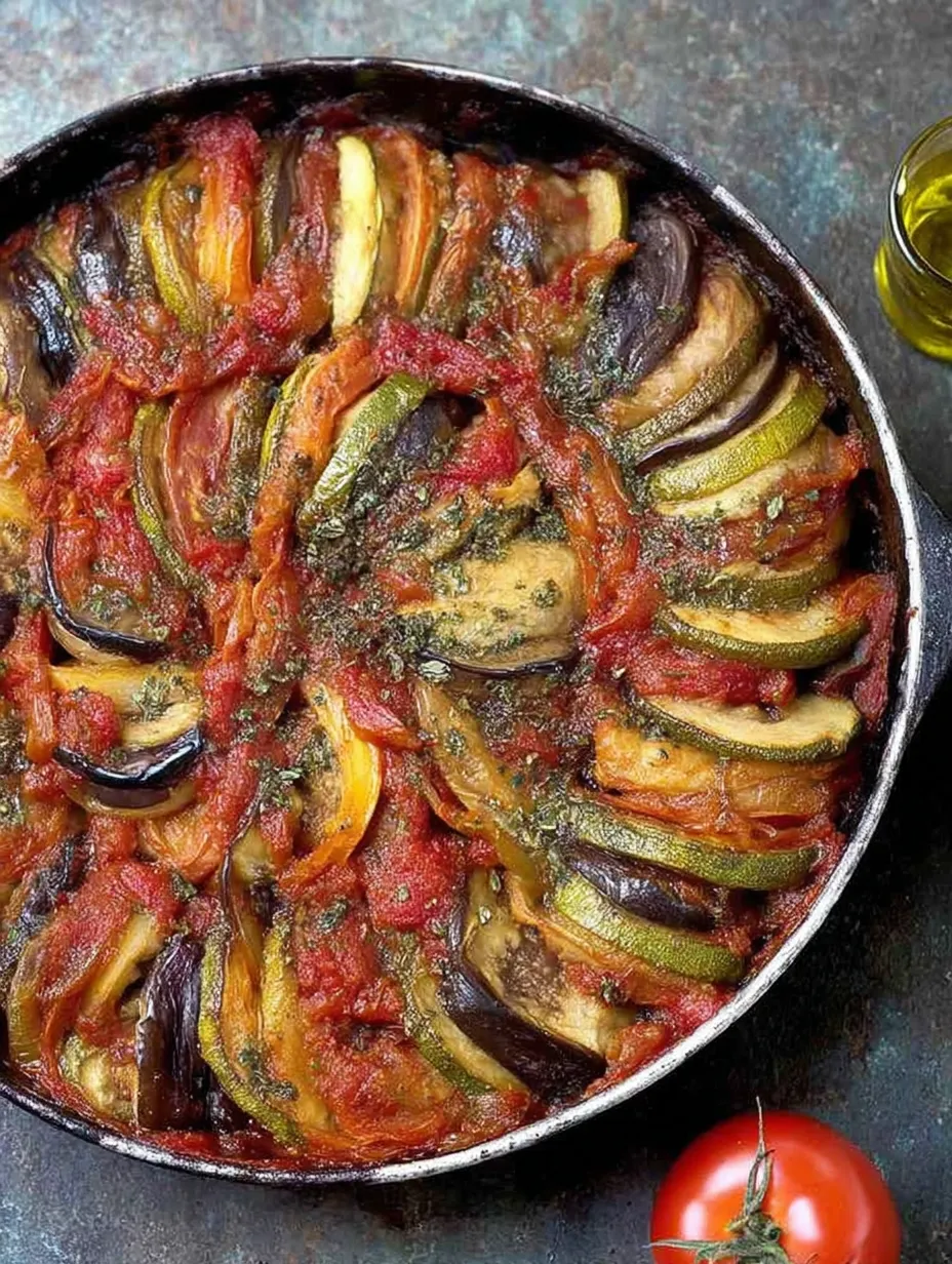 A pot stacked with Greek Roasted Vegetables.