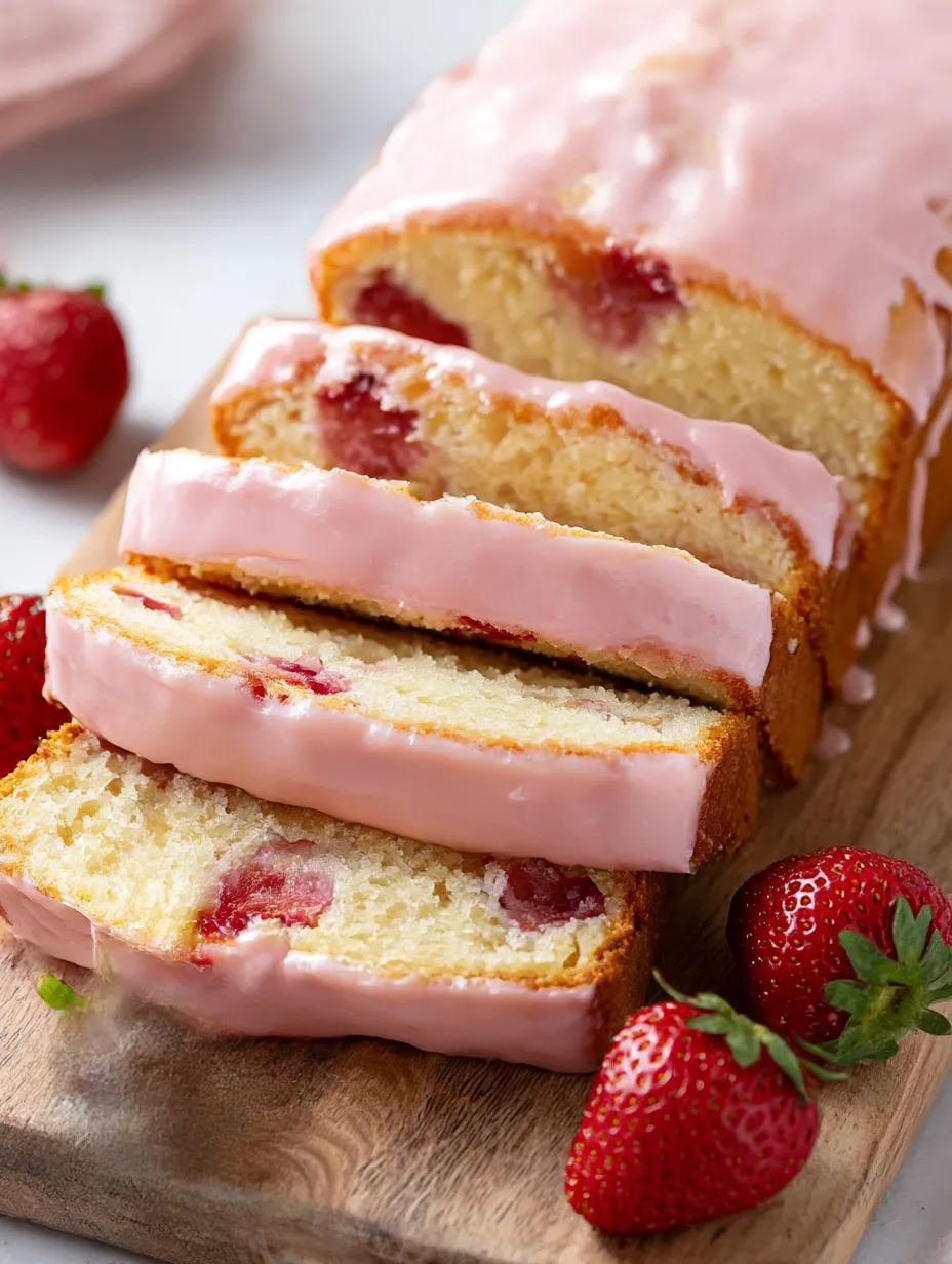 Slice of pink strawberry loaf with glaze.