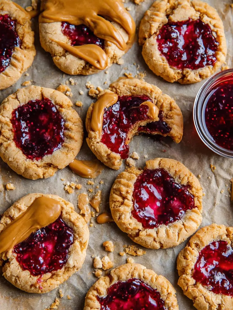 Soft Peanut Butter and Jelly Cookies with shiny jam centers.