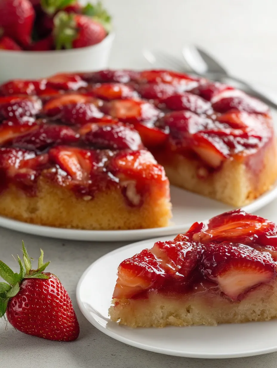 Strawberry upside-down cake on a plate.
