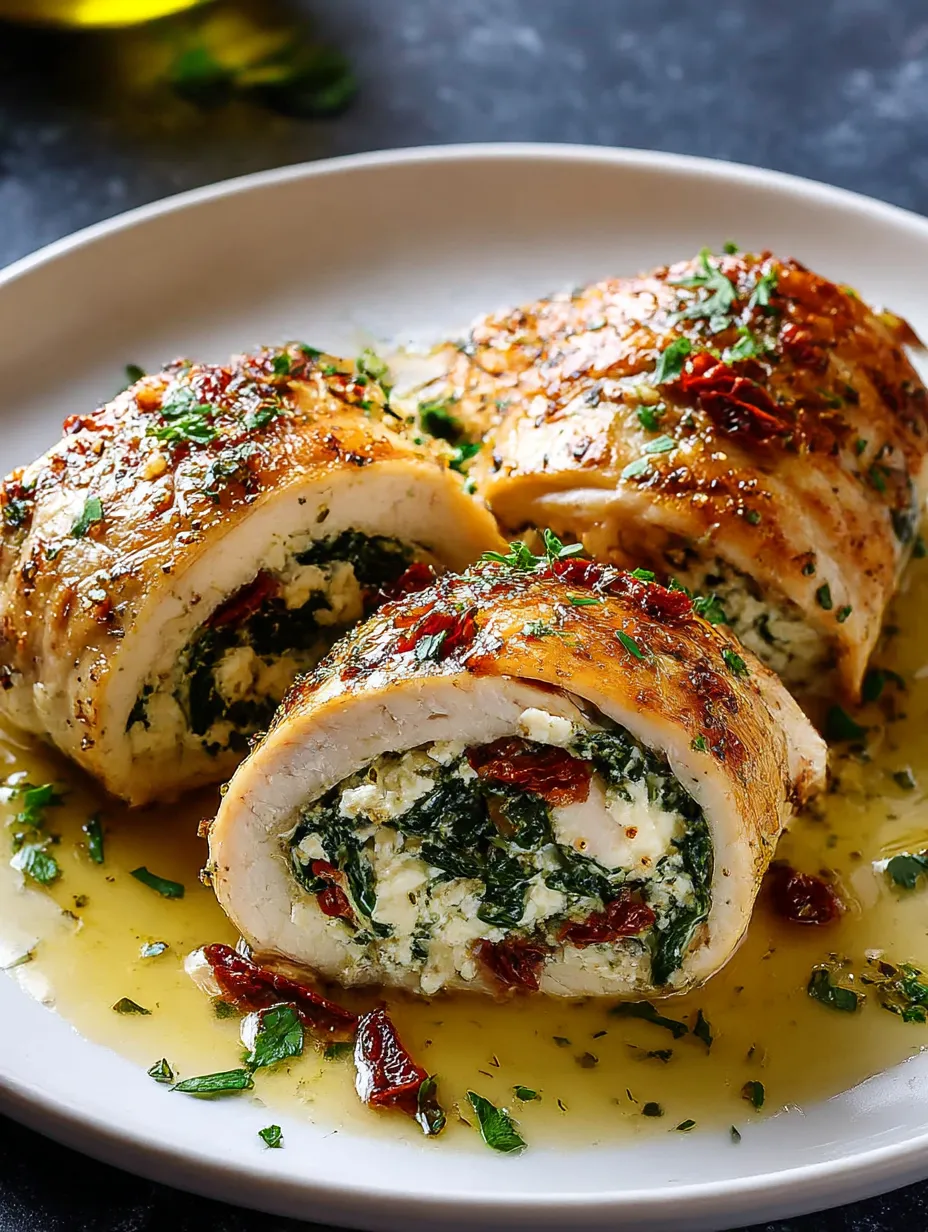 Rolled Chicken with Feta, Spinach on a white plate.