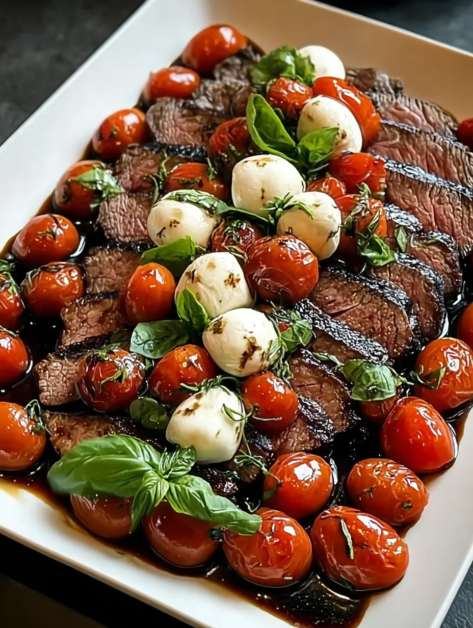 A plate holding Balsamic Caprese Grilled Flank Steak.