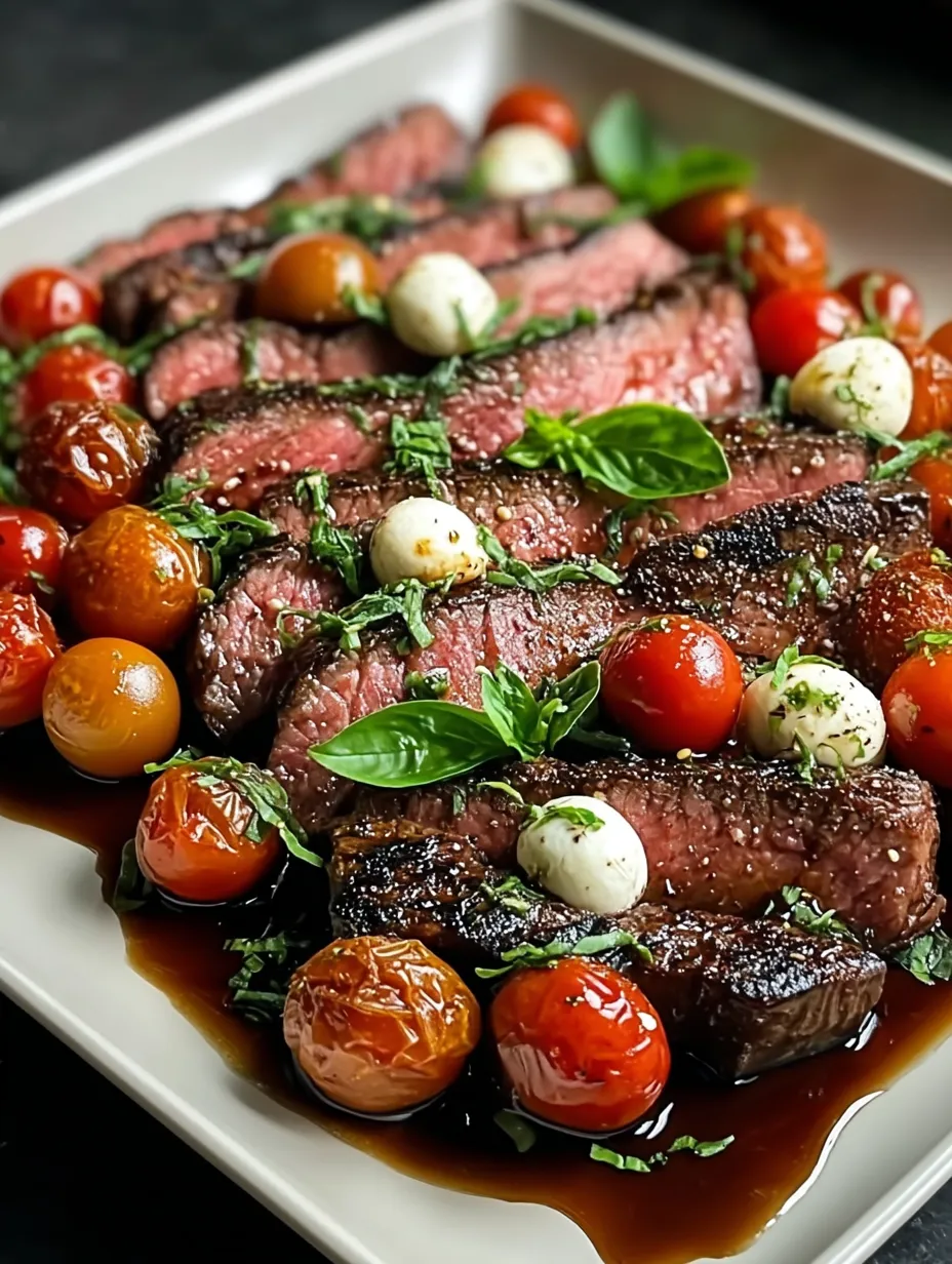 Plate featuring Balsamic Caprese Grilled Flank Steak.