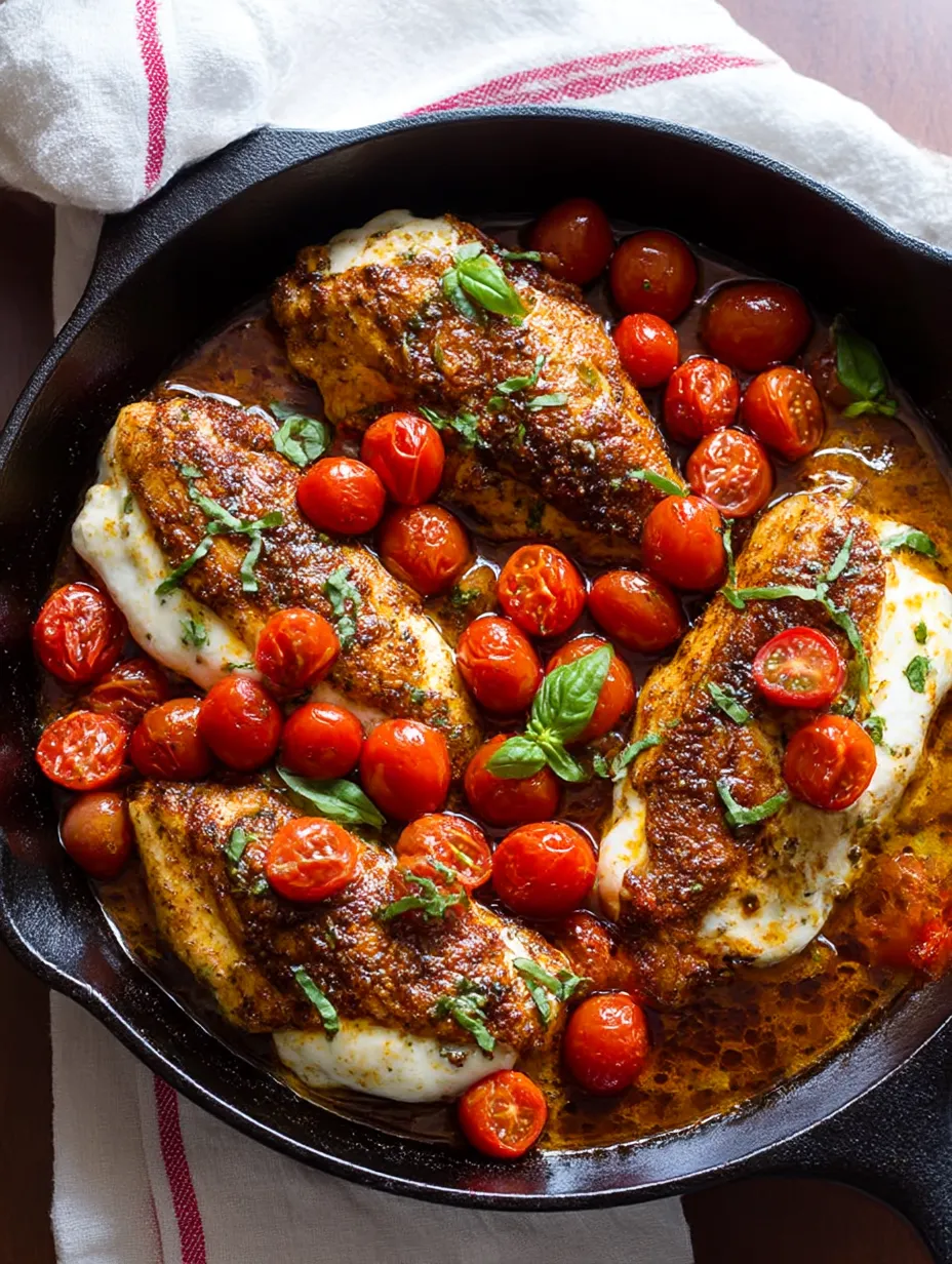 A one-skillet chicken with balsamic glaze, tomatoes, and cheese.