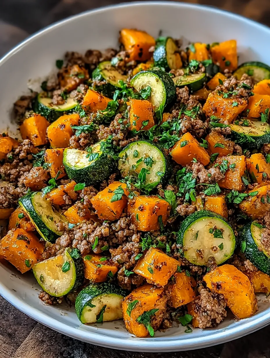 A big bowl of a hearty ground beef skillet with zucchini and sweet potato.