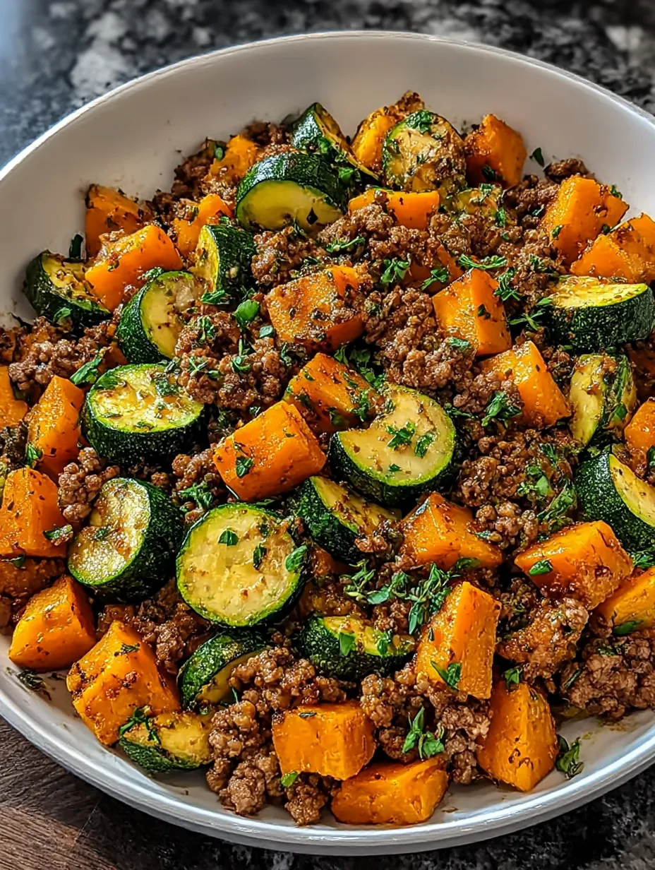 Colorful skillet dinner with beef, zucchini, and sweet potatoes on a plate.