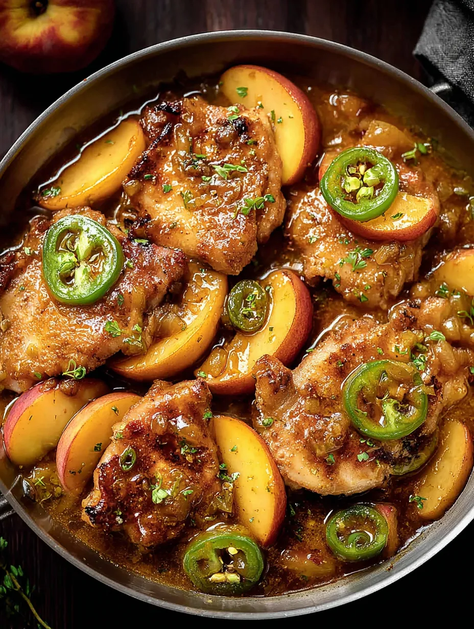 A pan showing chicken, peaches, and jalapenos together.