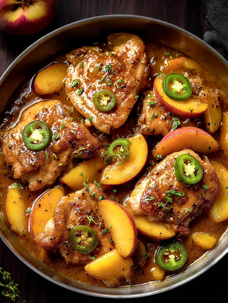 Bowl stacked high with chicken, peaches, and jalapeno.