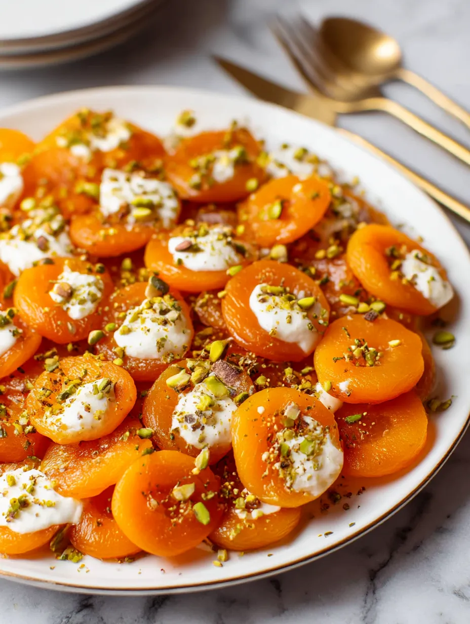 A plate stacked with Turkish-style poached apricots with ricotta.