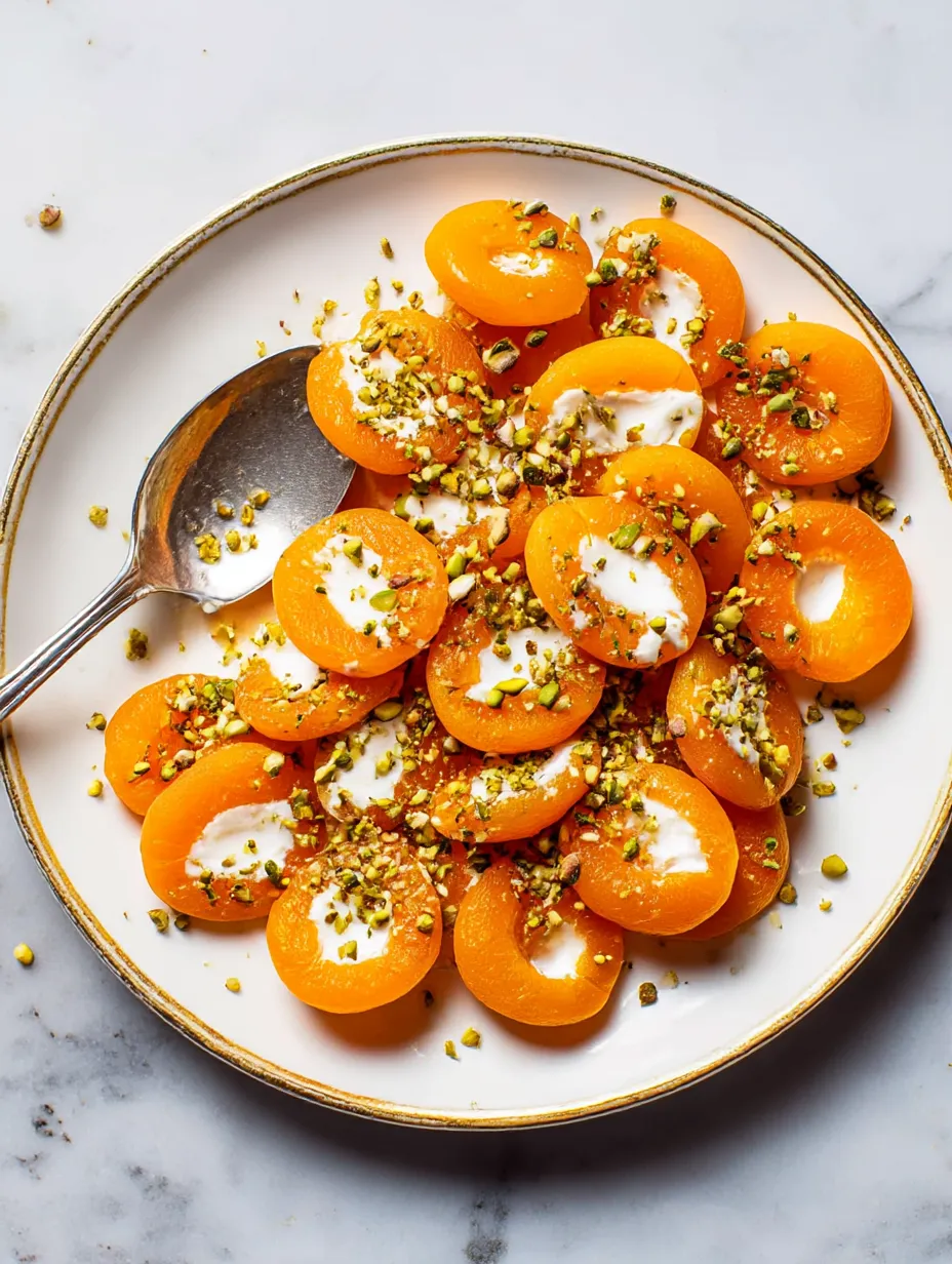 A serving platter of Turkish poached apricots and creamy ricotta.