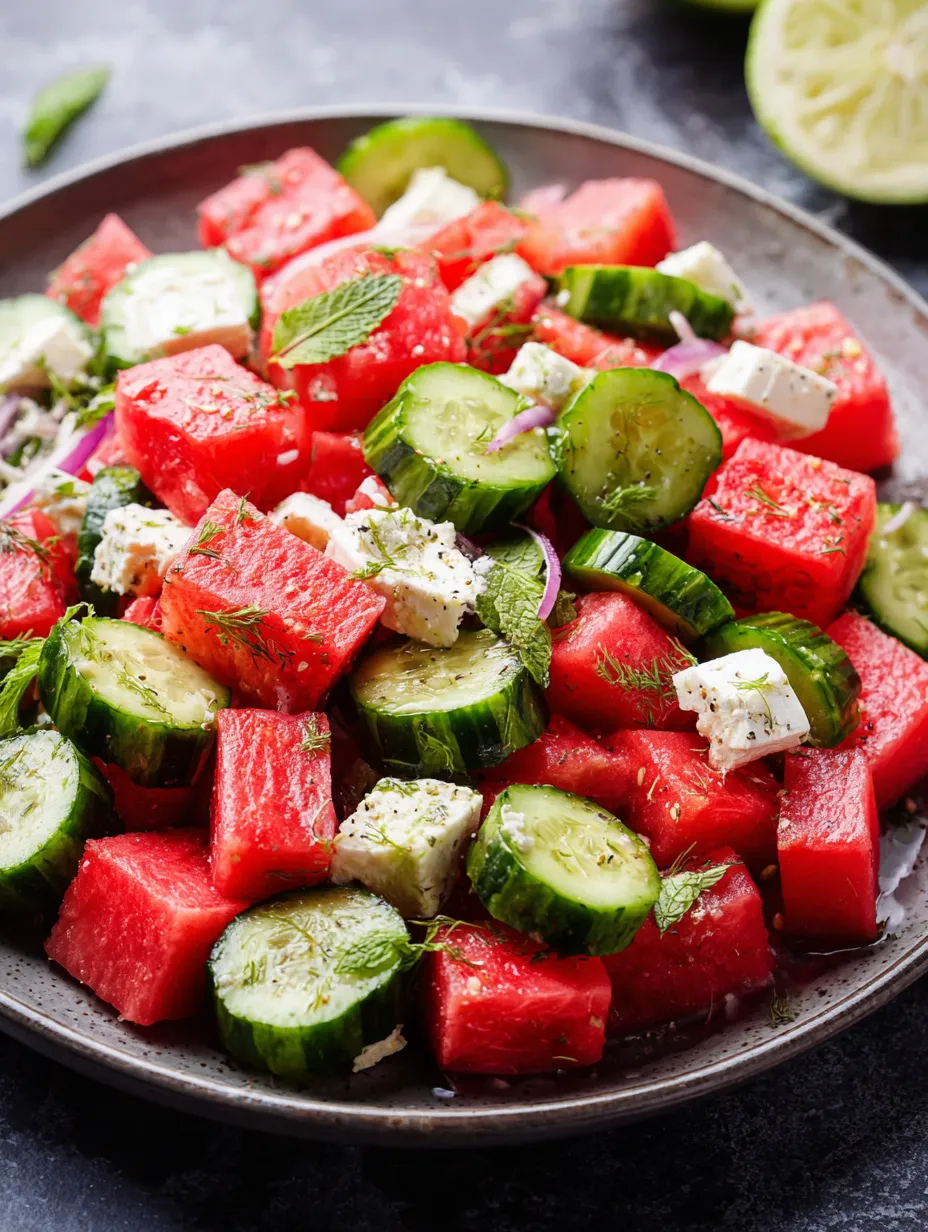 A plate loaded with fresh watermelon and cucumbers.