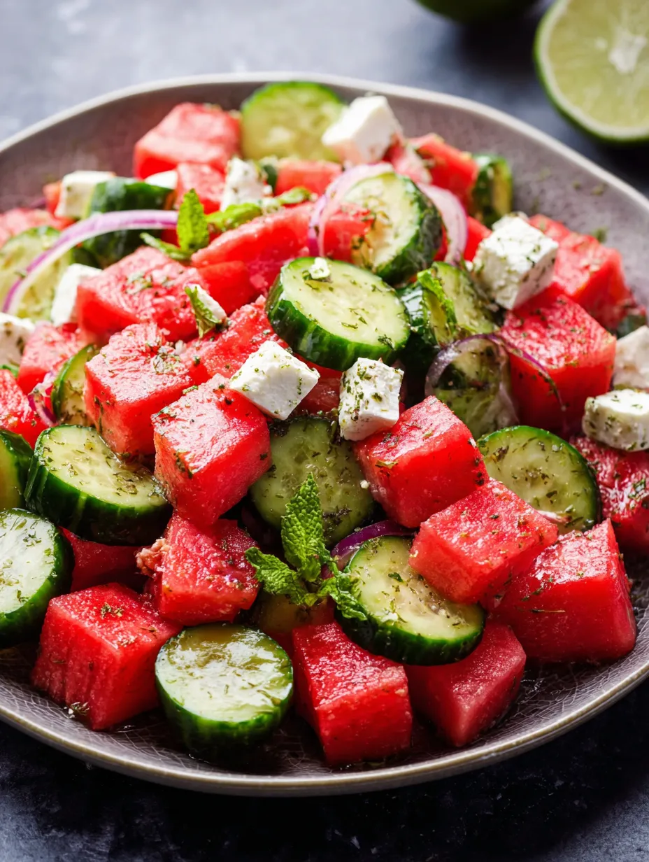 A big bowl with watermelon and cucumber salad.