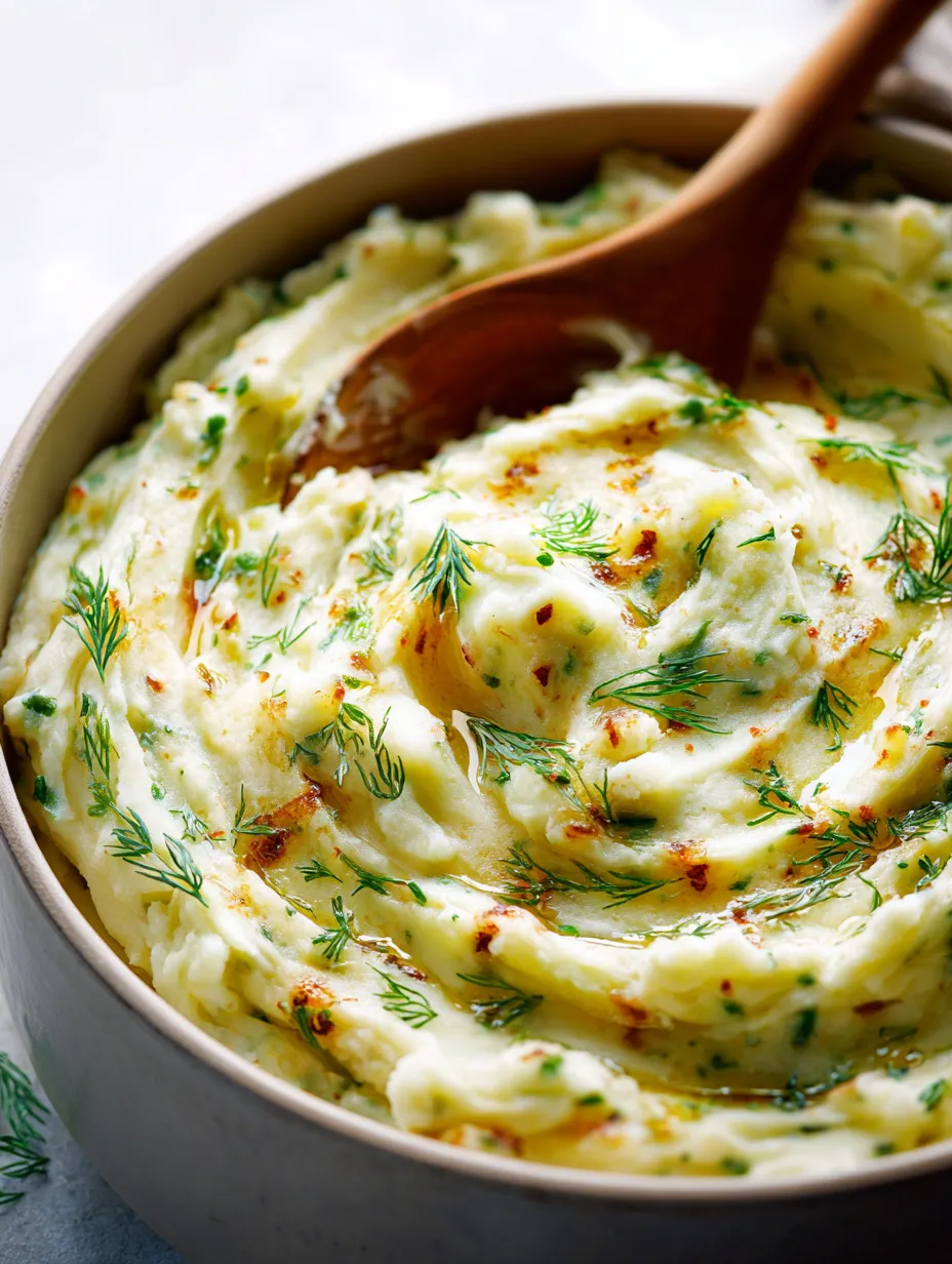 A bowl loaded with ranch-style mashed potatoes and fresh herbs.