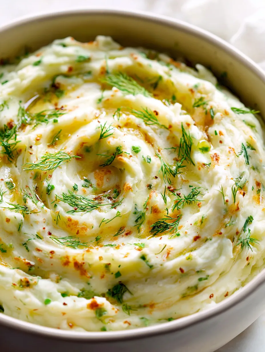 A bowl brimming with mashed potatoes flecked with green herbs.