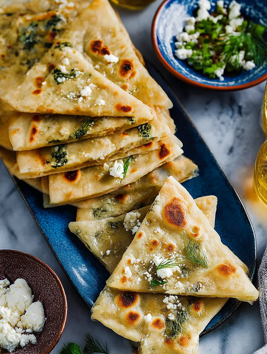 A plate piled high with golden stuffed flatbreads filled with greens and cheese.