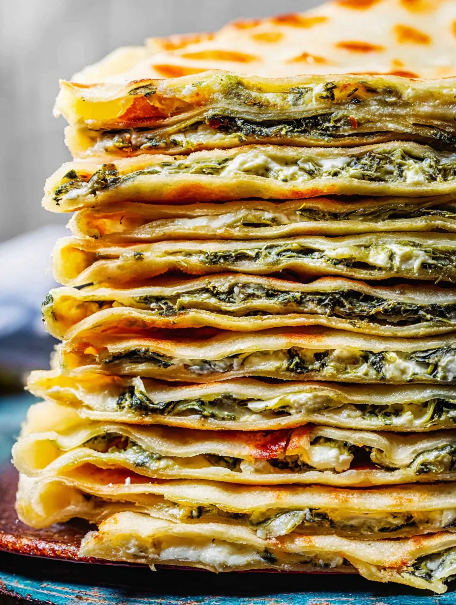 Close-up of golden flatbread cracked open to reveal spinach and cheese inside.