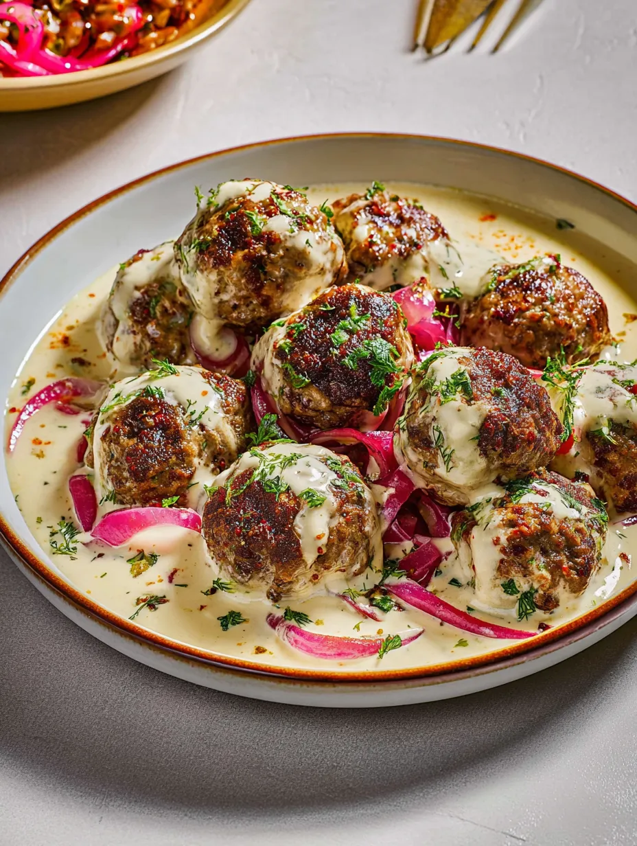 A plate piled with meatballs covered in creamy sauce.