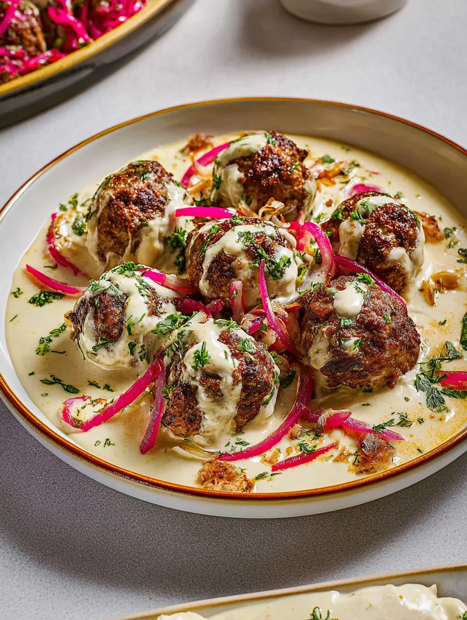 A plate stacked with meatballs and a layer of creamy sauce.