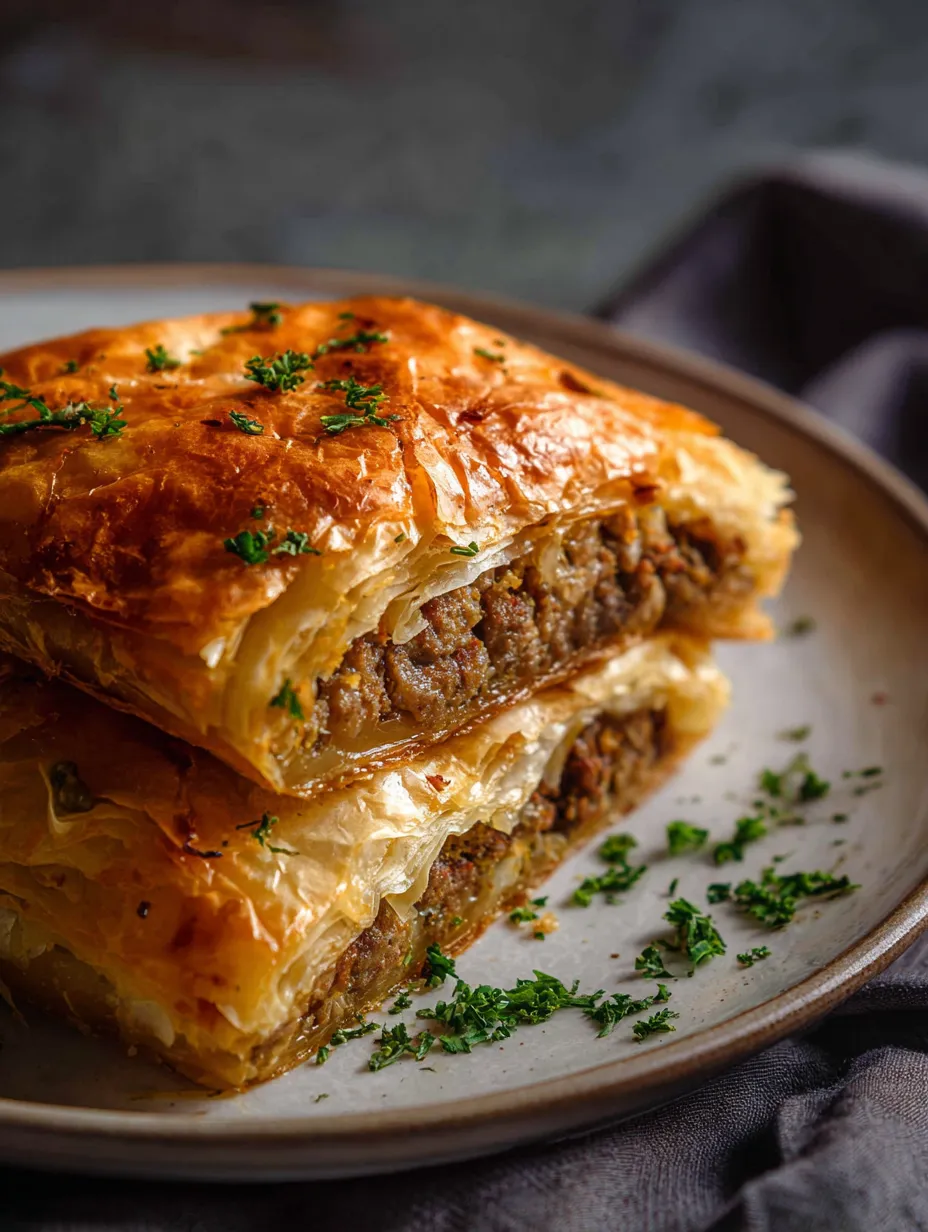 Slice of Greek Phyllo Meat Pie on a plate.