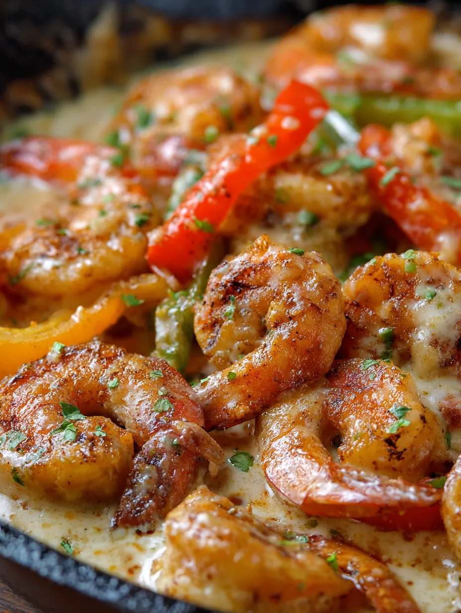 A bowl with shrimp and bell peppers.