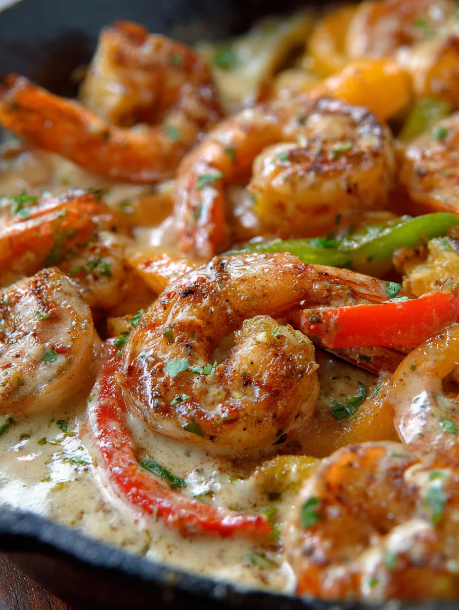 Shrimp and peppers in creamy white sauce.