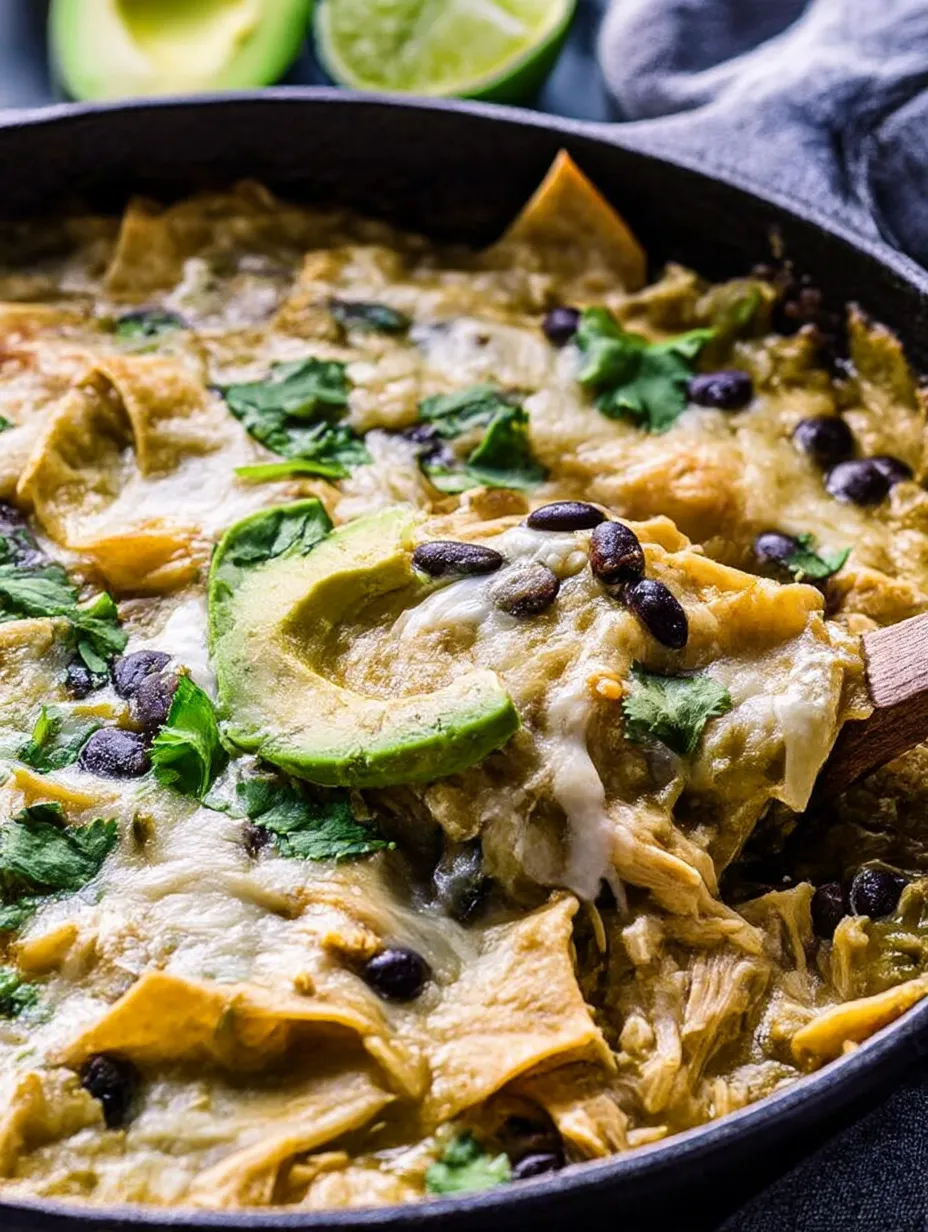 Green Chile Chicken Enchilada Skillet made in one pan.