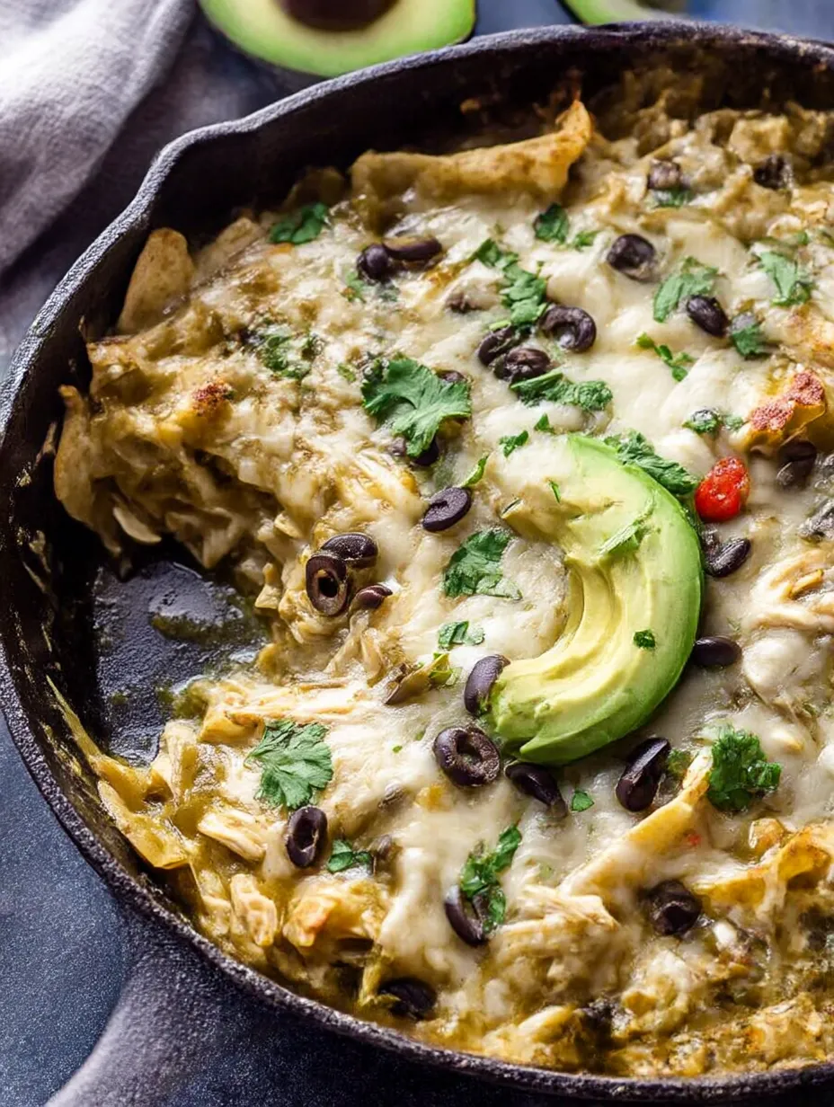 Fresh skillet full of Green Chile Chicken Enchilada goodness.