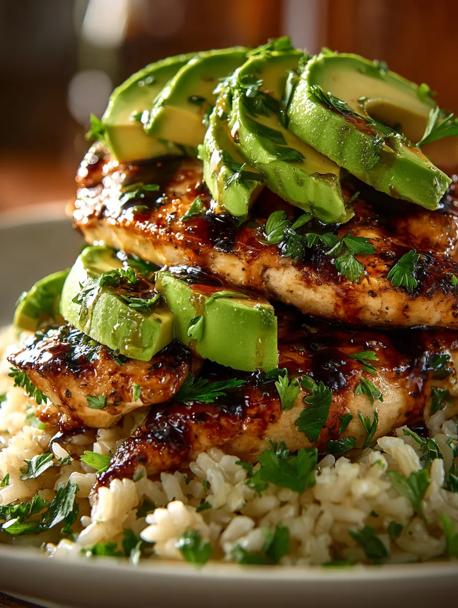 Pile of chicken, rice, and avocado stacked together.
