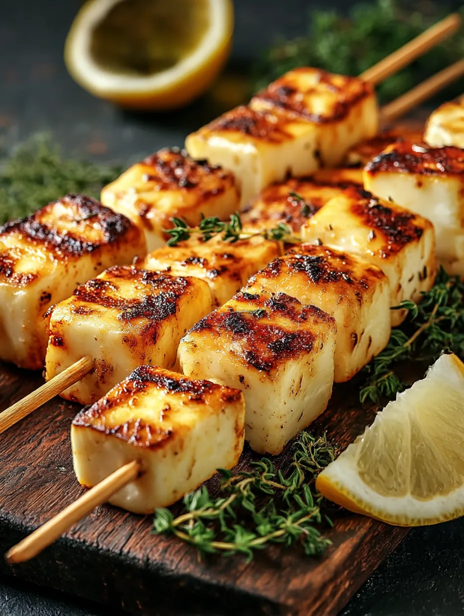 Cheesy Halloumi Skewers grilled with lemon.