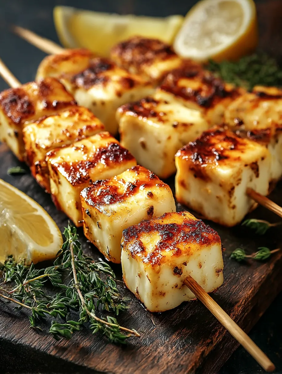 Super easy Halloumi Skewers with lemon on the grill.