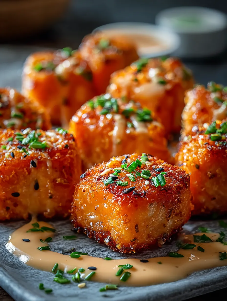 A plate piled high with golden Bang Bang Salmon Bites.