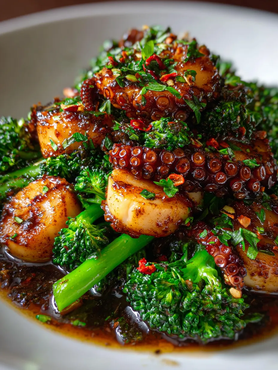 A plate full of zesty baby octopus with broccolini.