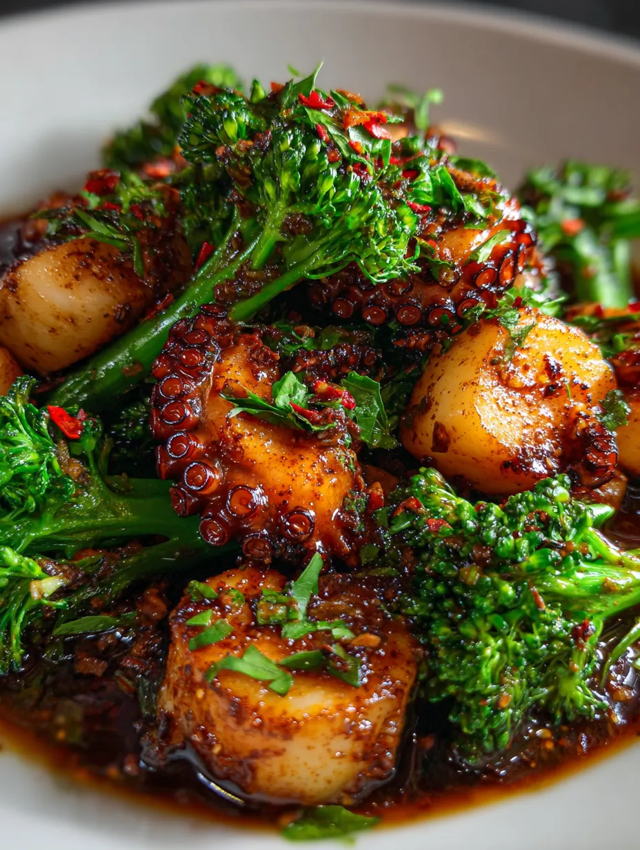 Colorful citrusy baby octopus with broccolini.