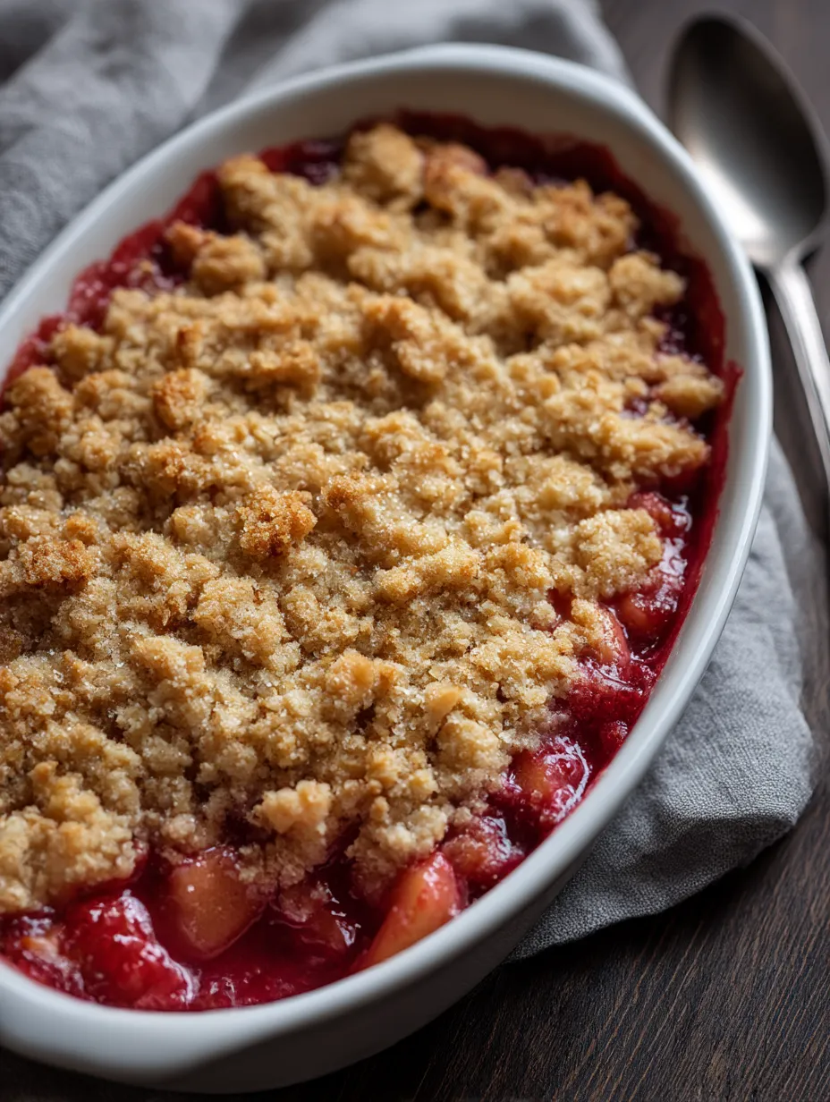 A bowl filled with rhubarb dessert and a crisp topping.