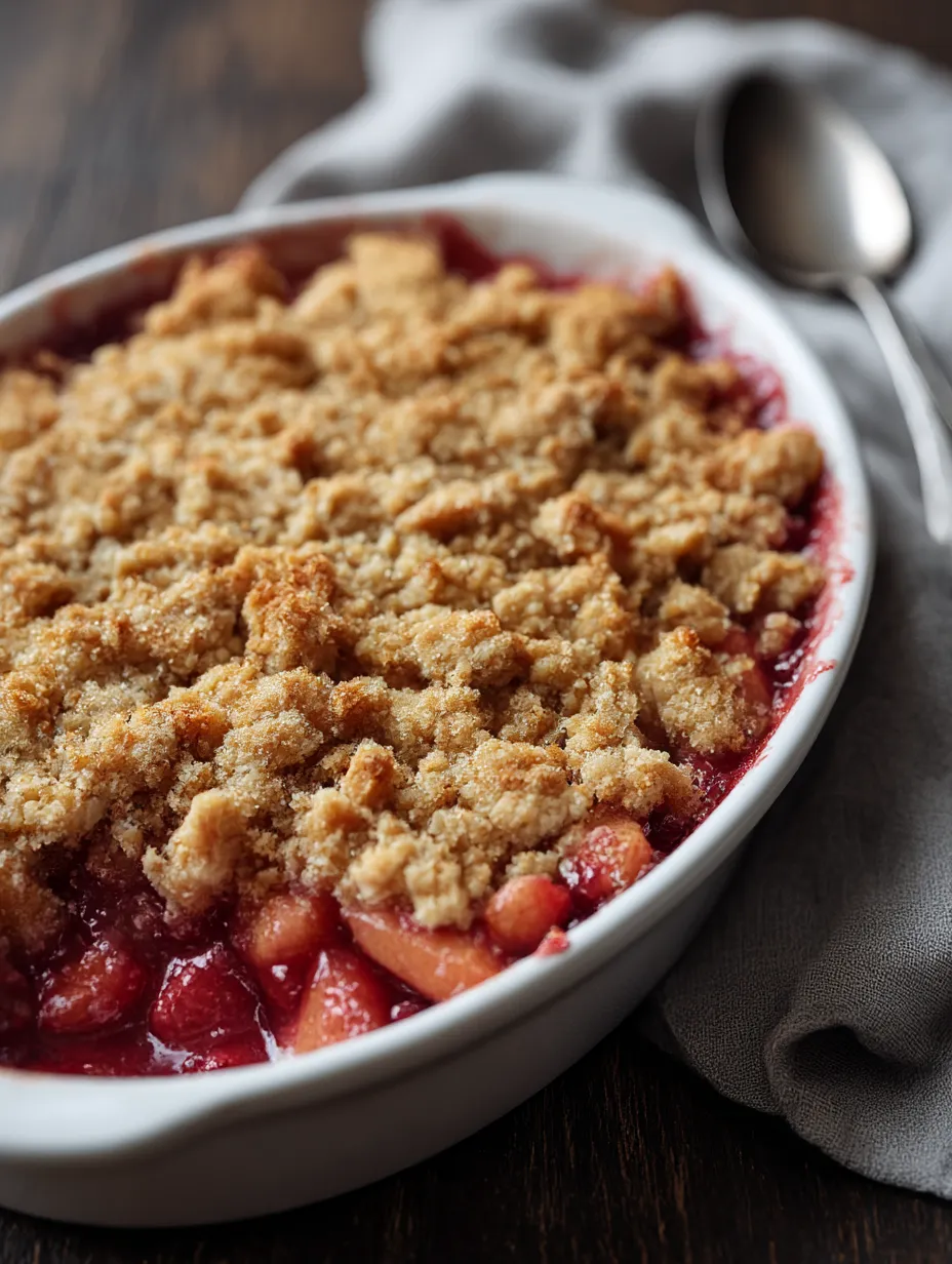Dish of homemade rhubarb dessert with crumb topping.