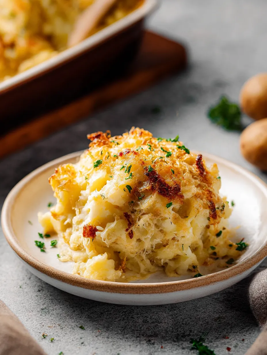 A plate filled with Potatoes Romanoff.