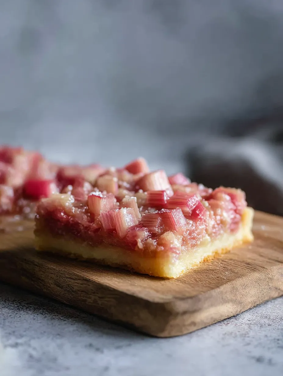 A square piece of rhubarb bars with custard on top of a shortbread layer.