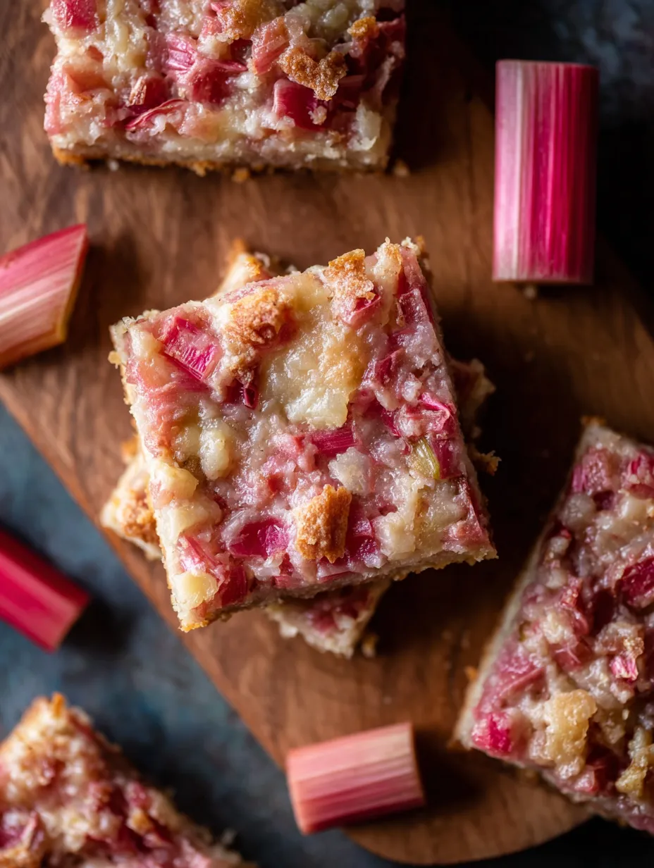 A plate full of rhubarb bars with creamy top and crisp crust.