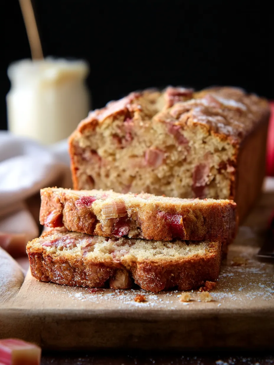 Slice of rhubarb loaf showing its crumb and pink bits.
