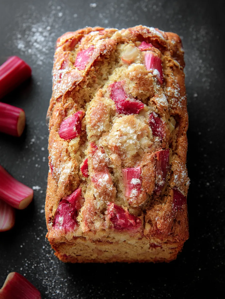 A golden loaf dotted with red rhubarb on top.