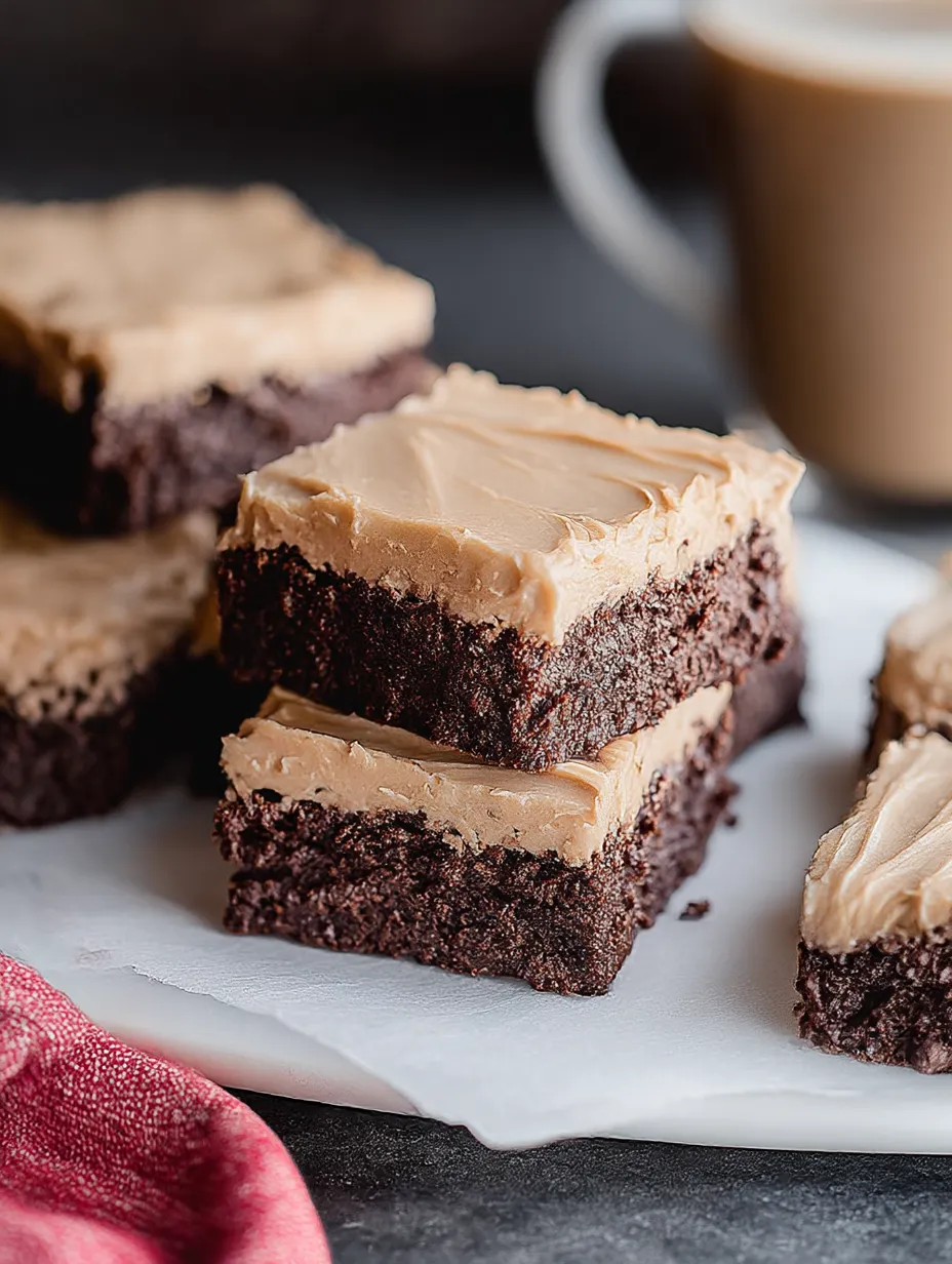 A plateful loaded with chocolate coffee frosted brownies.