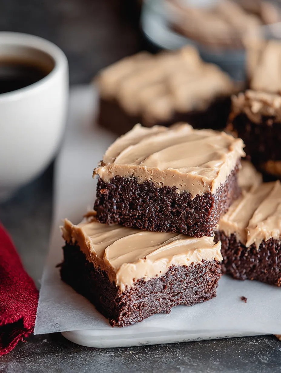 Up close view showing those dreamy frosted chocolate coffee brownies.