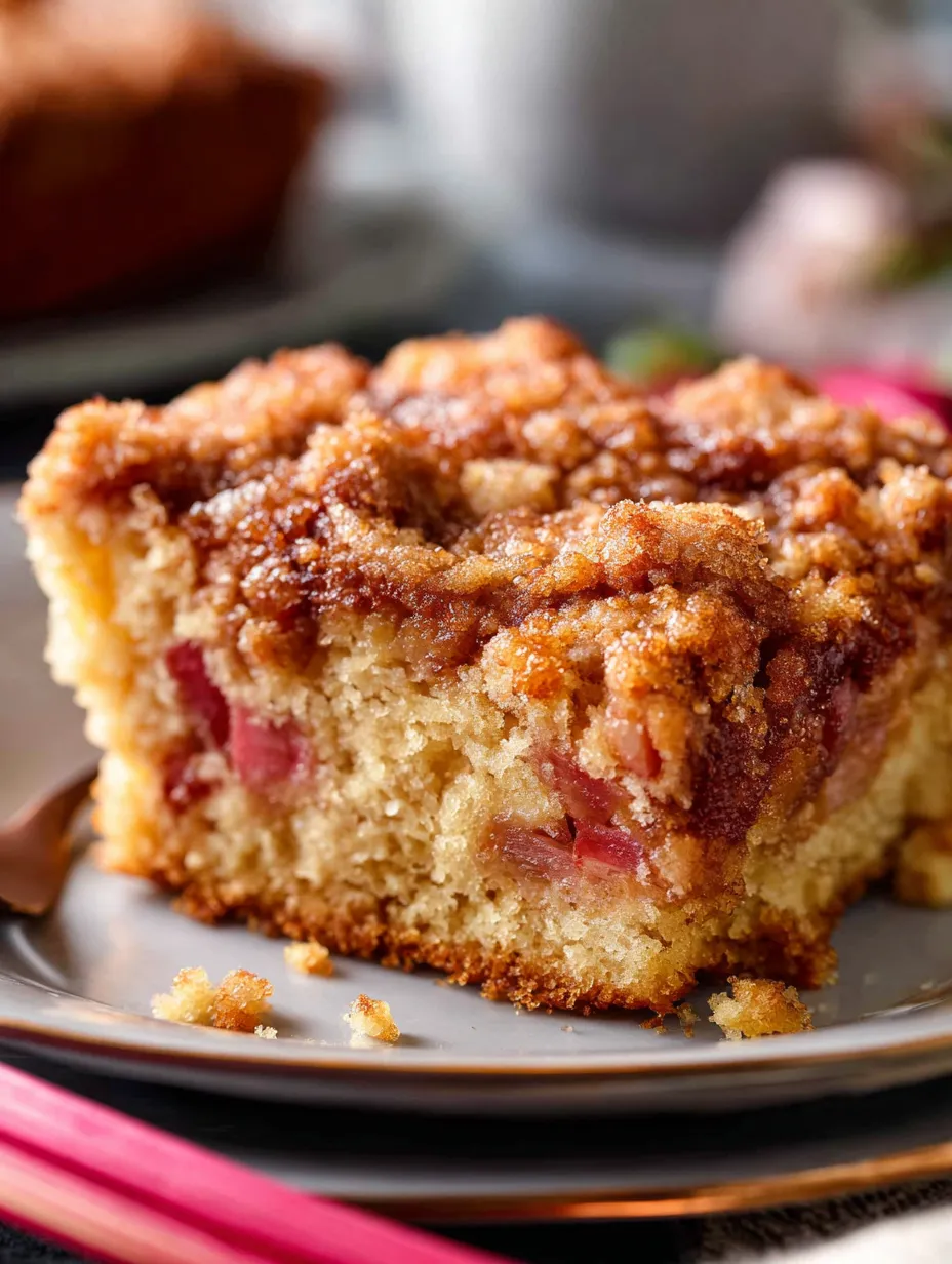 A big wedge of rhubarb crumb cake sits on a plate.