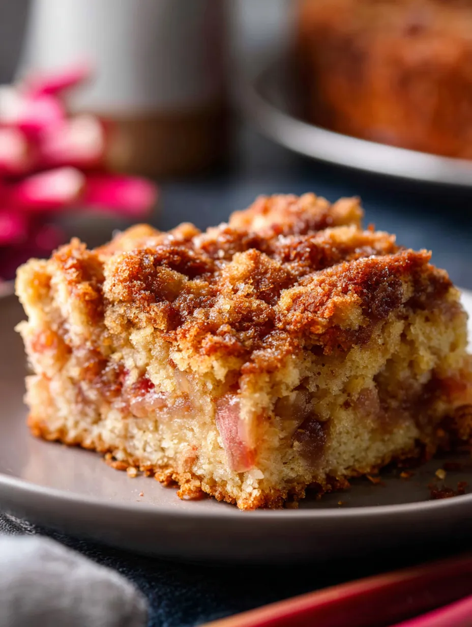 A generous slice of homemade rhubarb crumb cake.