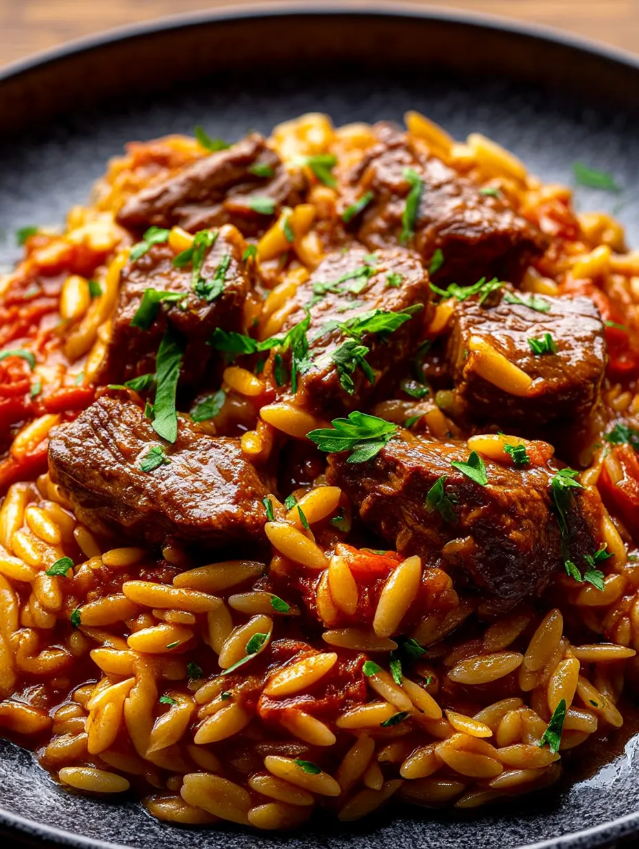 A plate stacked high with beef and orzo, glistening and rich.